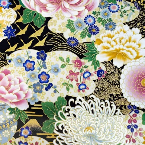 Japanese fabric offered in black with gilding decorated with large flowers, peacocks and Mount Fuji.