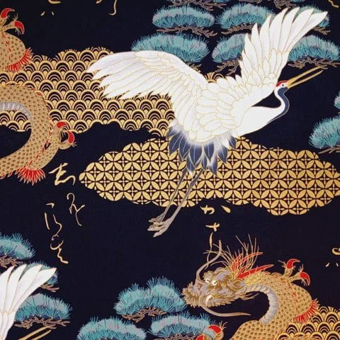 Presentation photo product sheet black japanese fabric birds and dragons pattern