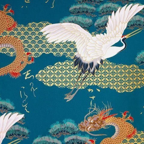 Presentation photo product sheet green japanese fabric birds and dragons pattern