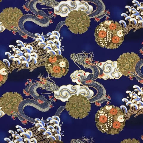 Dark blue Japanese cotton fabric with large Asian dragon pattern