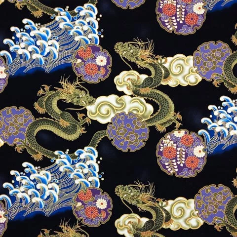 Black Japanese cotton fabric with large Asian dragon pattern