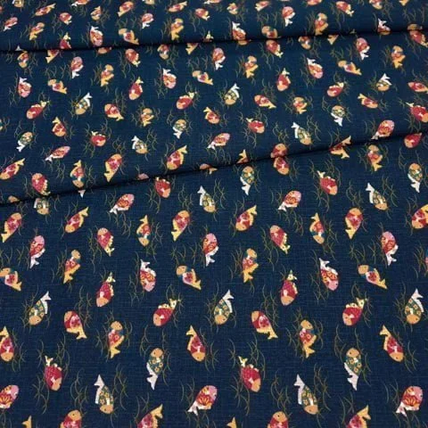 Navy blue Japanese fabric with children's illustrations of the Carp Koi fish