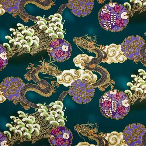 Dark green Japanese cotton fabric with Asian dragon pattern