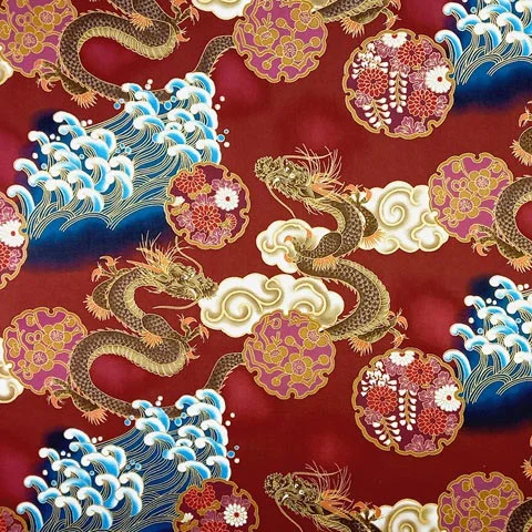 Dark red Japanese cotton fabric with Asian dragon pattern