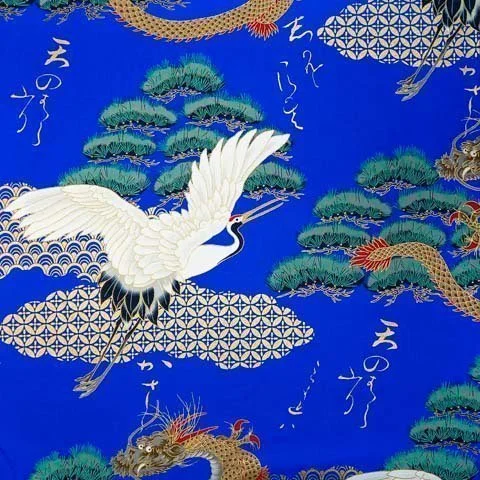 Presentation photo product sheet japanese fabric indigo blue birds and dragons pattern