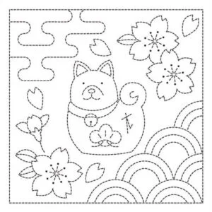 Tissu à broder blanc point Sashiko motif chien Shiba